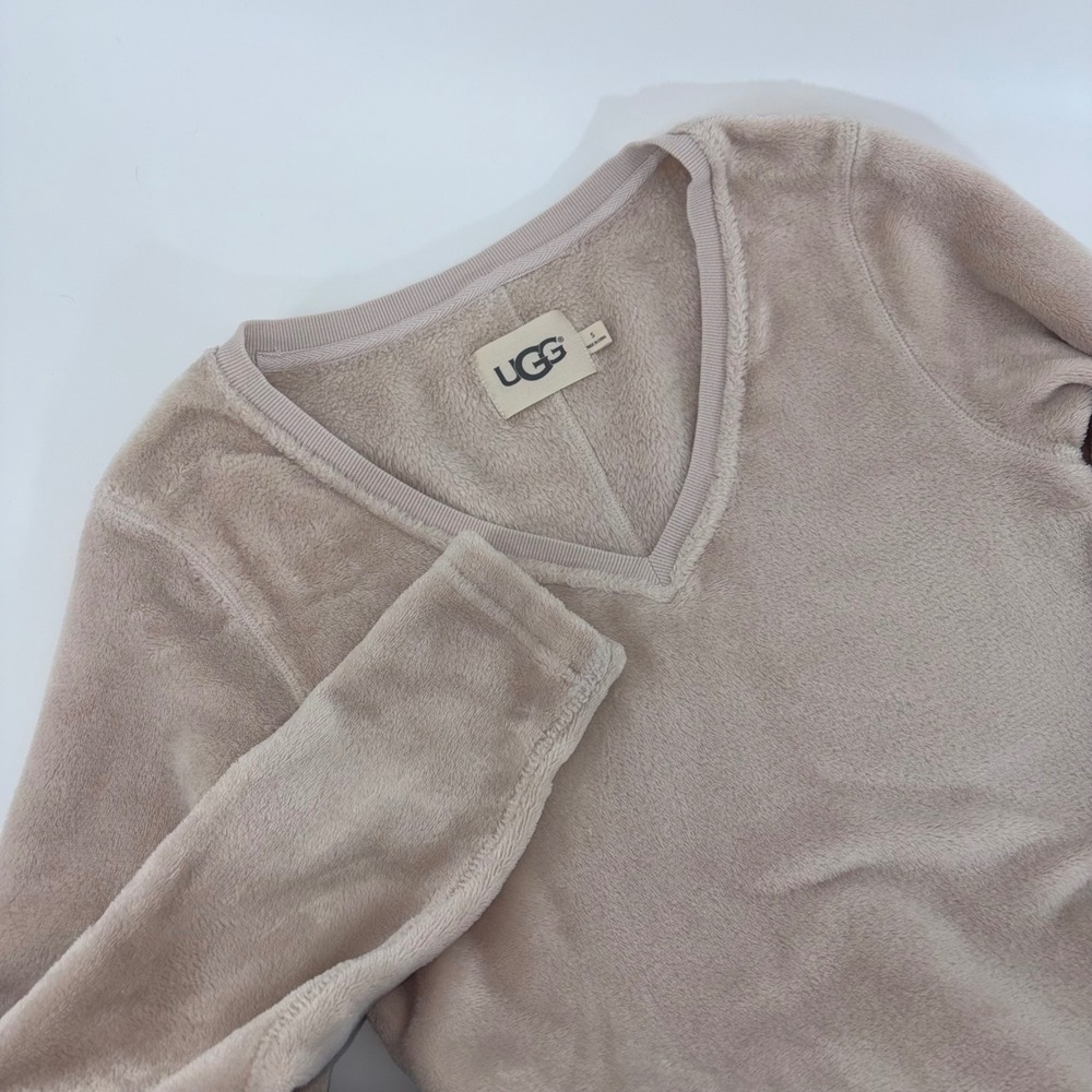 UGG Womens V-Neck Fleece Loungewear Top Cream Beige Small